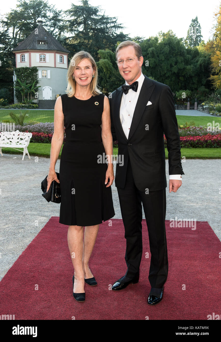 Lake Constance, Germany. 27th Sep, 2017. Bernhard Prince of Baden and his  wife Stefanie arrive for a charity event with Queen Silvia of Sweden on the  island of Mainau in Lake Constance,