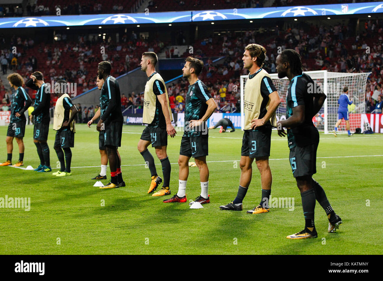 Madrid, Spain. 27th Sep, 2017. Cesc Fabregas (4) Chelsea FC's player Pre-match warm-up Marcos Alonso (3) Chelsea FC's player.Victor Moses (15) Chelsea FC's player.Gary Cahill (24) Chelsea FC's player. UCL Champions League between Atletico de Madrid vs Chelsea FC at the Wanda Metropolitano stadium in Madrid, Spain, September 27, 2017 . Credit: Gtres Información más Comuniación on line, S.L./Alamy Live News Stock Photo