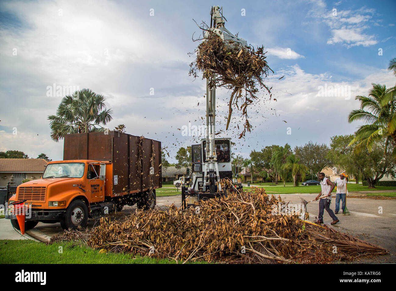 Wellington, Florida, USA. 27th Sep, 2017. William Bridges, Moycock, NC and Alvin Rushin, Buena Vista, GA help clean up Hurricane Irma debris on Rolling Meadows Circle in Wellington, Florida on September 27, 2017. Credit: Allen Eyestone/The Palm Beach Post/ZUMA Wire/Alamy Live News Stock Photo