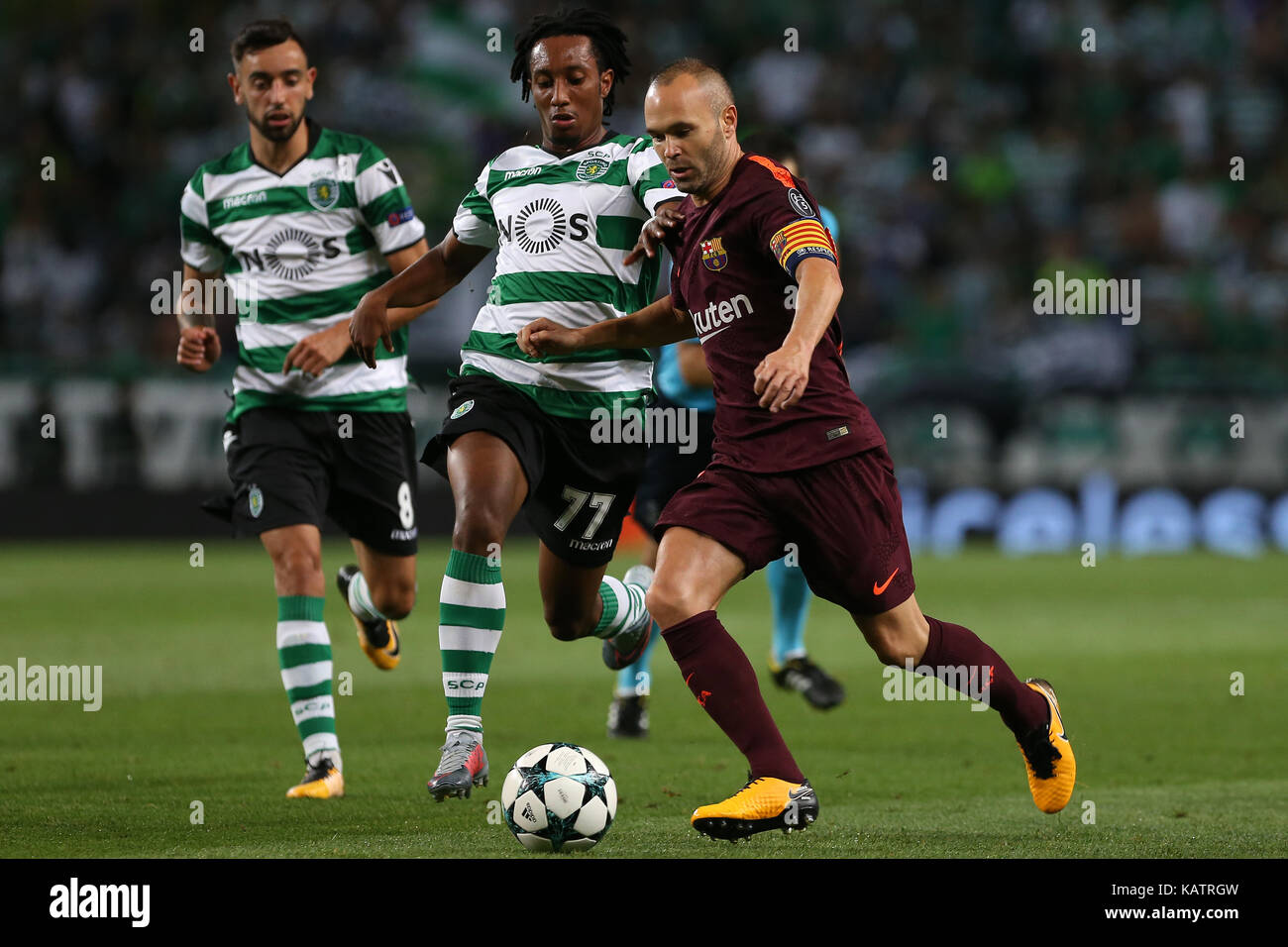 Lisbon, Portugal. 27th Sep, 2017. Barcelona«s midfielder Andres Iniesta from Spain during the match between Sporting CP v FC Barcelona UEFA Champions League playoff match at Estadio Jose Alvalade on September 27, 2017 in Lisbon, Portugal. Credit: Bruno Barros/Alamy Live News Stock Photo