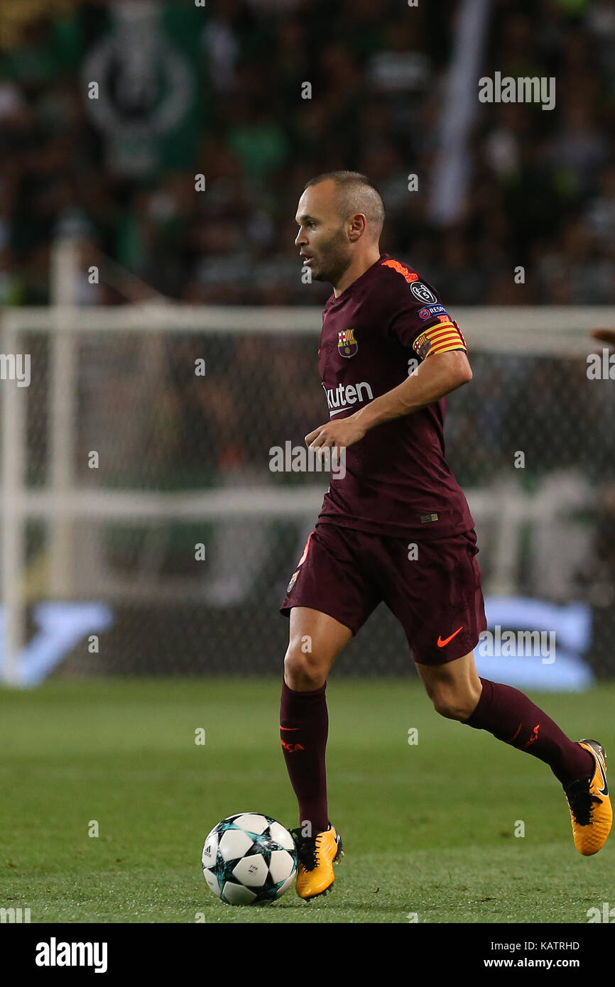 Lisbon, Portugal. 27th Sep, 2017. Barcelona«s midfielder Andres Iniesta from Spain during the match between Sporting CP v FC Barcelona UEFA Champions League playoff match at Estadio Jose Alvalade on September 27, 2017 in Lisbon, Portugal. Credit: Bruno Barros/Alamy Live News Stock Photo