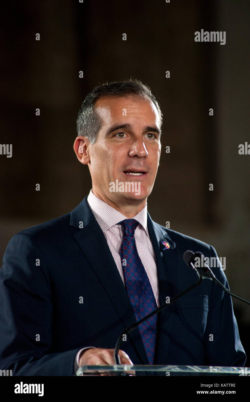 Los Angeles, USA. 27th Sep, 2017. Los Angeles Mayor Eric Garcetti speaking at the press conference for The Academy Museum of Motion Pictures which is under construction and scheduled for completion in 2019. Credit: Robert Landau/Alamy Live News Stock Photo