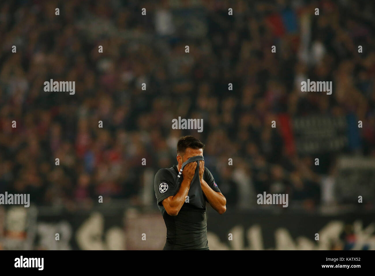 Basel, Switzerland. 27th Sep, 2017. Benfica's Andreas Samaris reacts after the UEFA Champions League group A match between Basel and Benfica in Basel, Switzerland, on Sept. 27, 2017. Basel won 5-0. Credit: Michele Limina/Xinhua/Alamy Live News Stock Photo