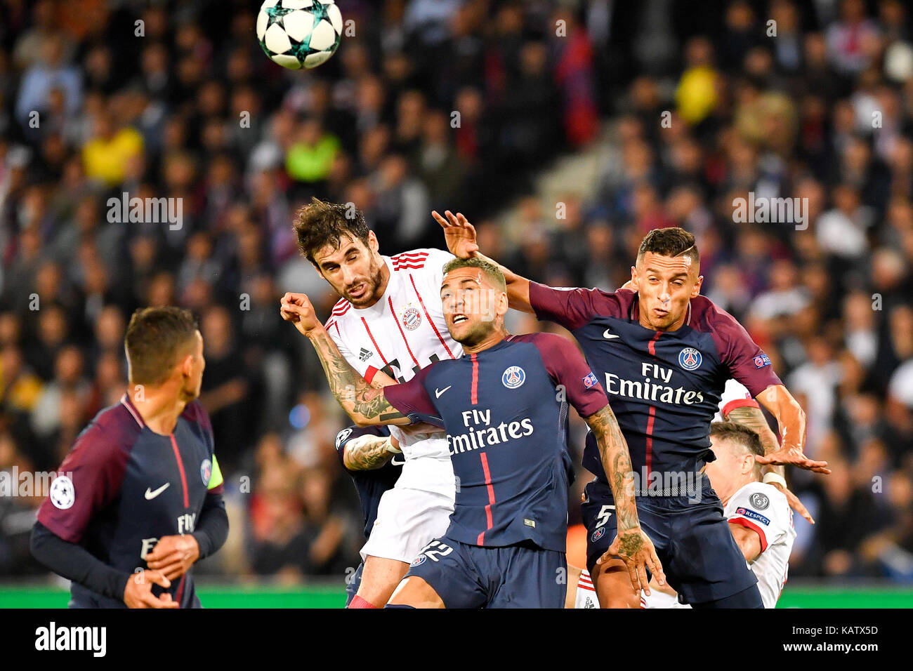 Paris. 27th Sep, 2017. Javi Martinez (2nd L) from Bayern Munich competes with Neymar (2nd R) and Marquinhos (1st R) from Paris Saint-Germain during their match of Group B of the 2017-18 season Champions League at Parc des Princes in Paris, France on Sept. 27, 2017. Paris Saint-Germain won by 3-0 at home. Credit: Chen Yichen/Xinhua/Alamy Live News Stock Photo