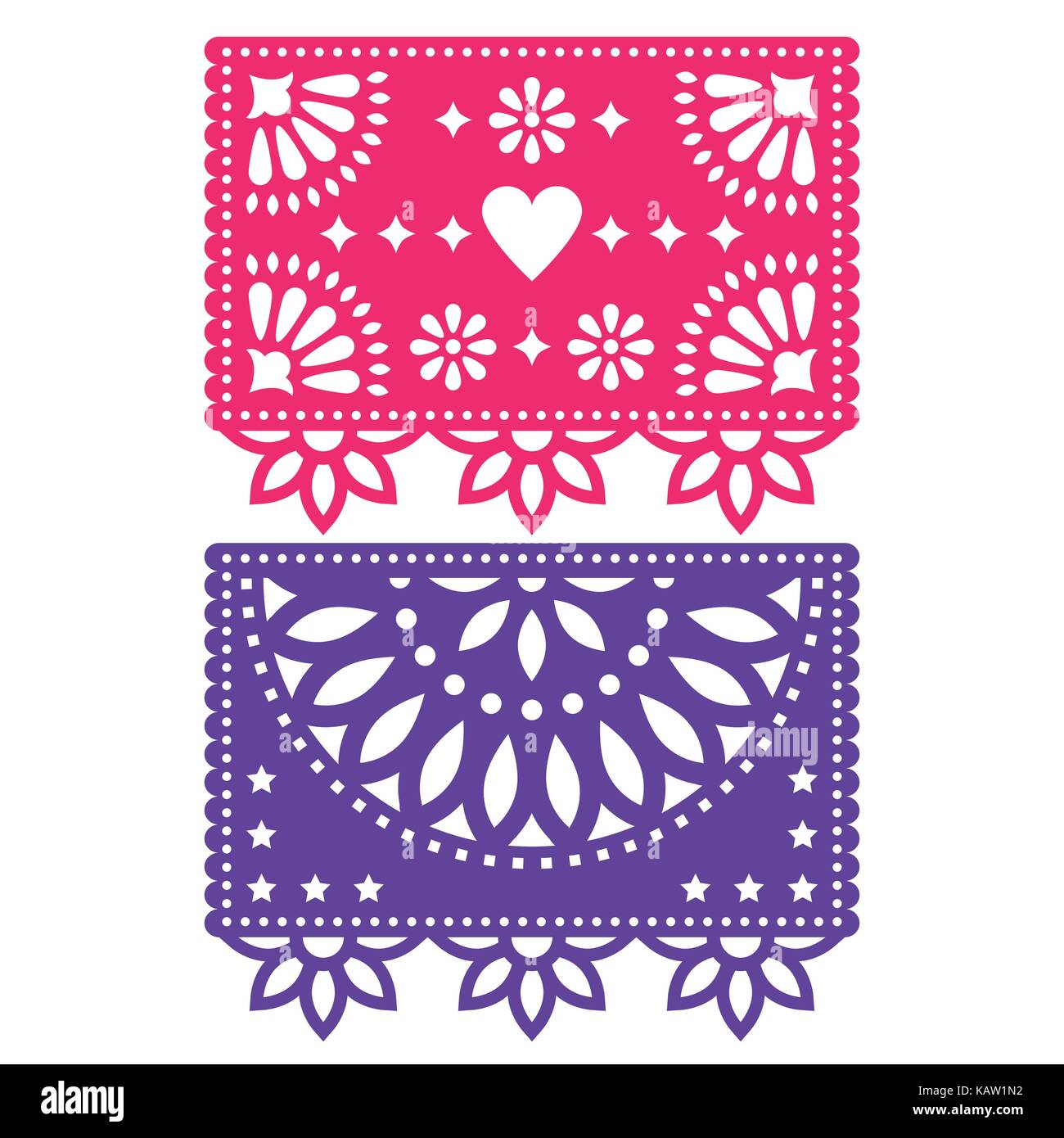 Papel Picado vector template design set, Mexican paper decorations flowers and geometric shapes, two party banners Stock Vector