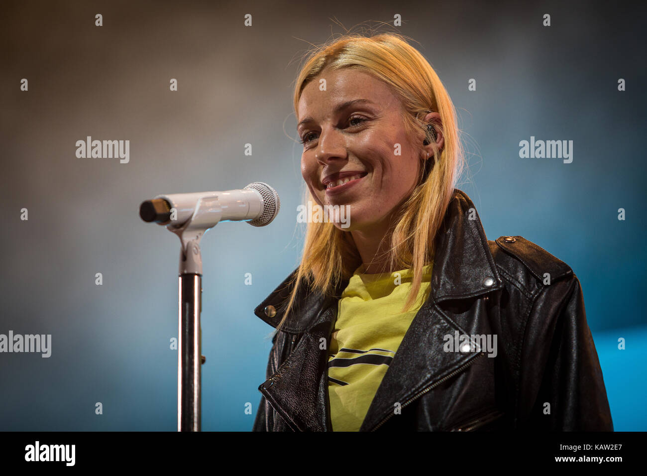Norway, Oslo – August 10, 2017. The Norwegian singer, songwriter and musician Gabrielle Susanne Solheim Leithaug is best known just as Gabrille and here performs a live concert during the Norwegian music festival Øyafestivalen 2017 in Oslo. Stock Photo
