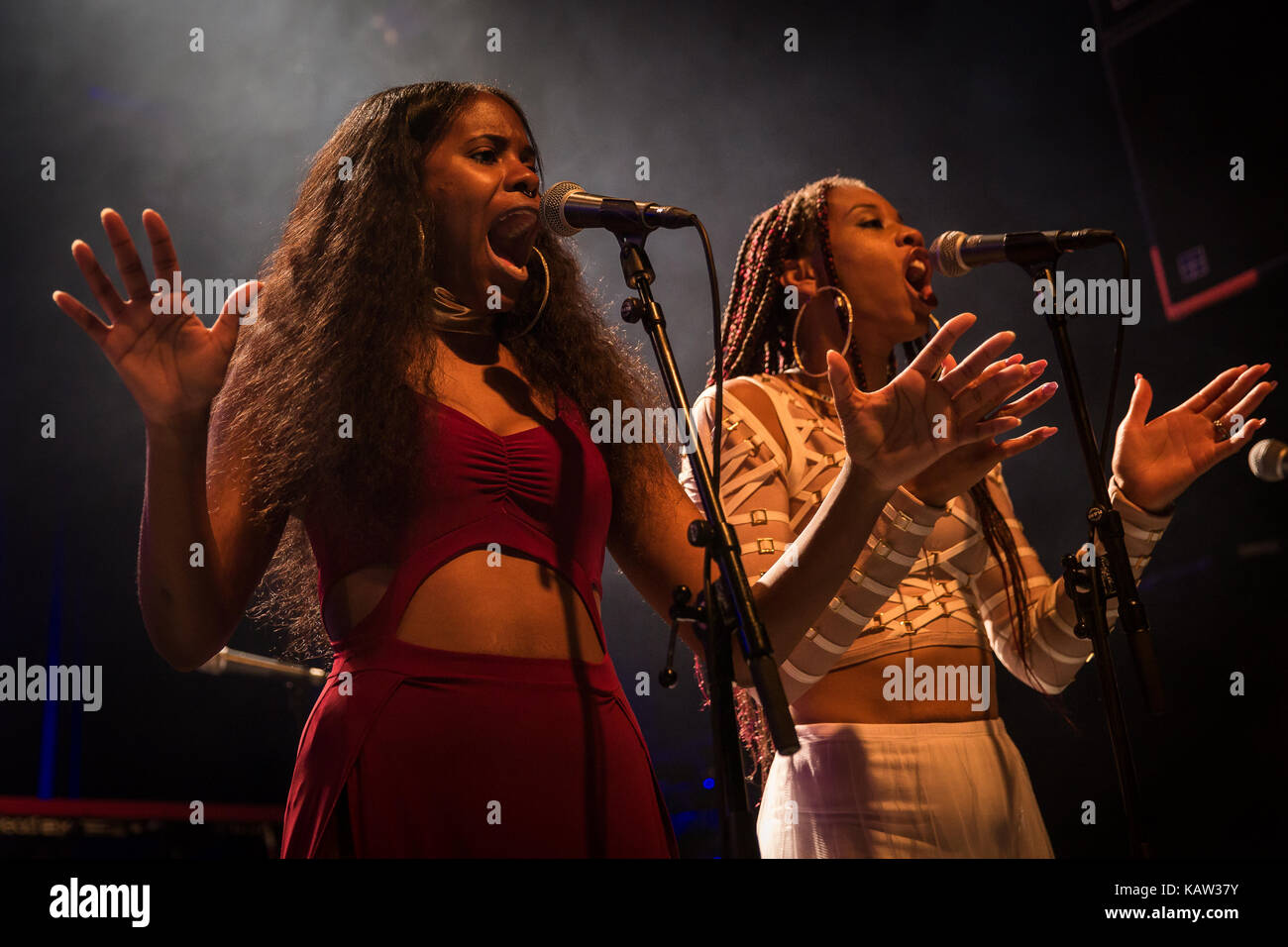 The legendary American funk singer and songwriter George Clinton performs a live concert at Rockefeller in Oslo with is P-Funk and soul band Parliament-Funkadelic. Here the backing singers are seen live on stage. Norway, 06/07 2017. Stock Photo