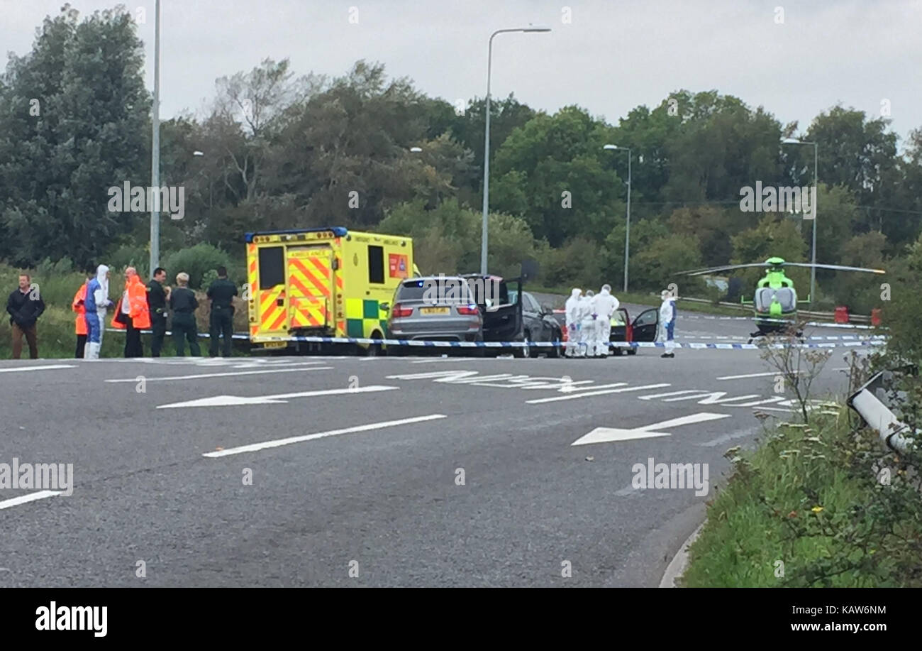 The scene on the A369 in Portishead, near Bristol where a man died following an 'incident involving police firearms'. Stock Photo