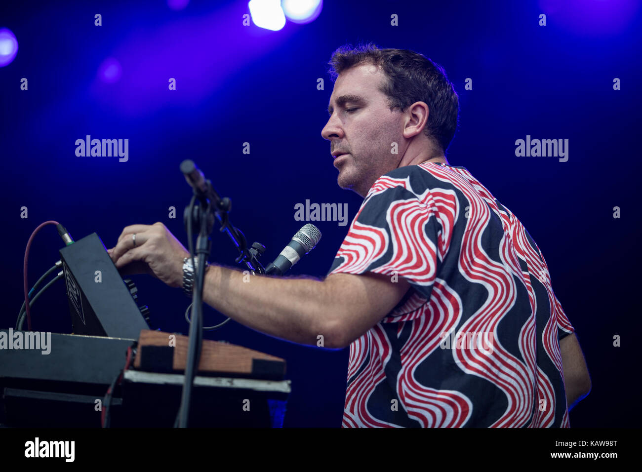The British electronic music band Hot Chip performs a live concert at the music festival Lollapalooza 2015 in Berlin. Here musician Joe Goddard on synth is seen live on stage. Germany, 12/09 2015. Stock Photo