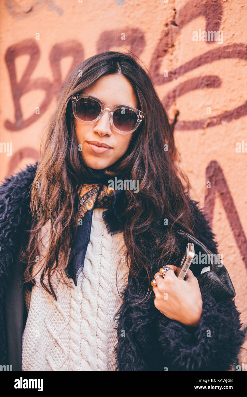 Girl sunglasses // Street style in Madrid Stock Photo