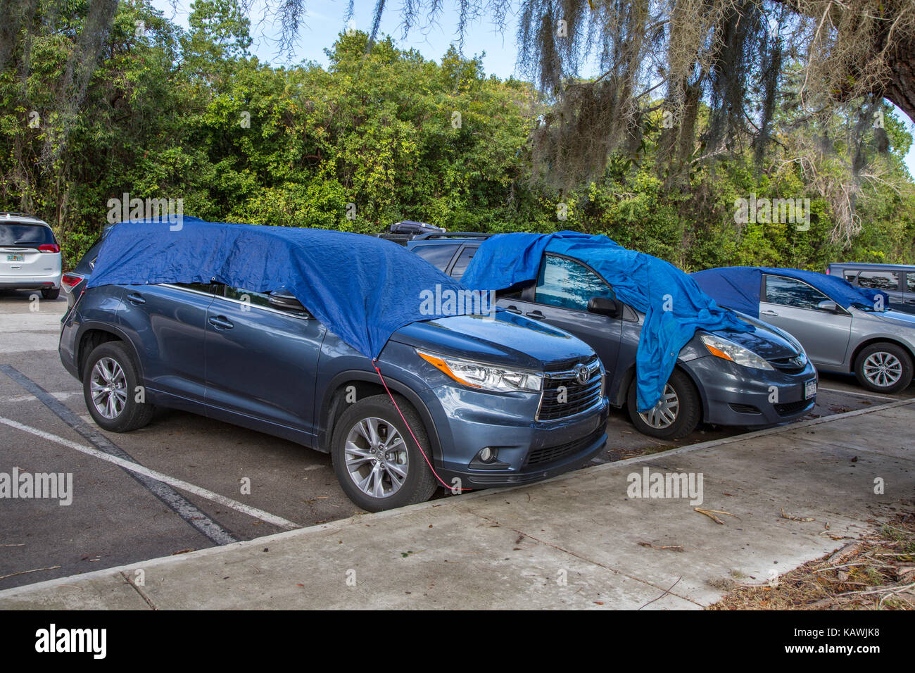Everglades National Park, Florida.  Tarps Cover Cars to Protect from Vultures which Chew Plastic Around Windows. Stock Photo