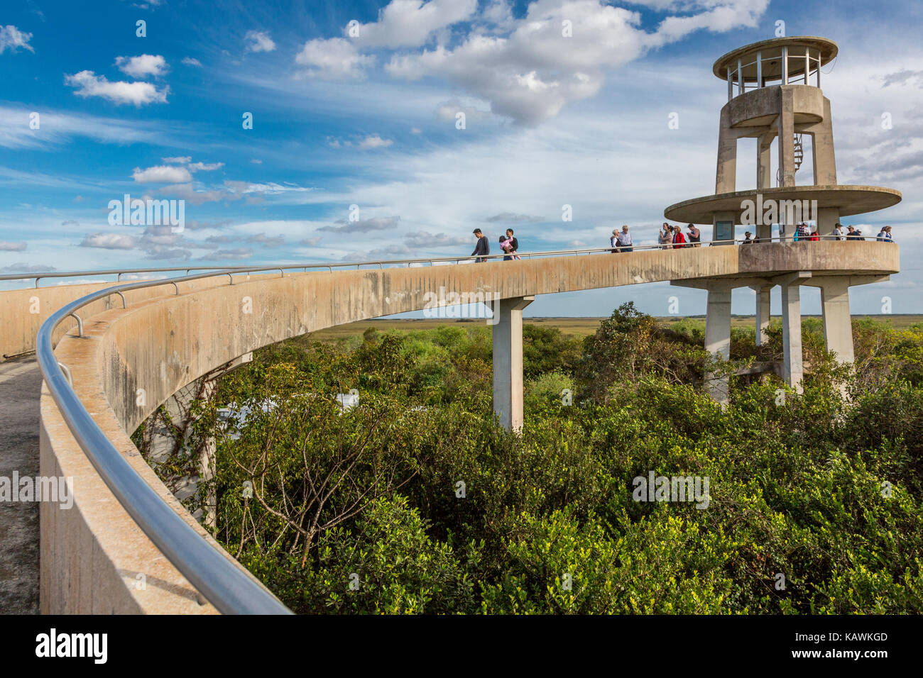 Everglades National Park, Florida.  Tourists at the Shark Valley Viewing Tower. Stock Photo