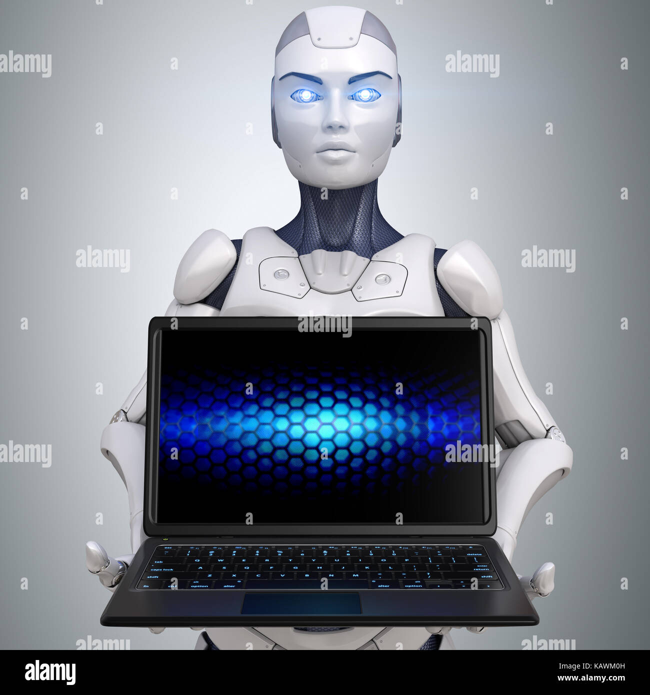 Robot holding a laptop. 3D illustration Stock Photo