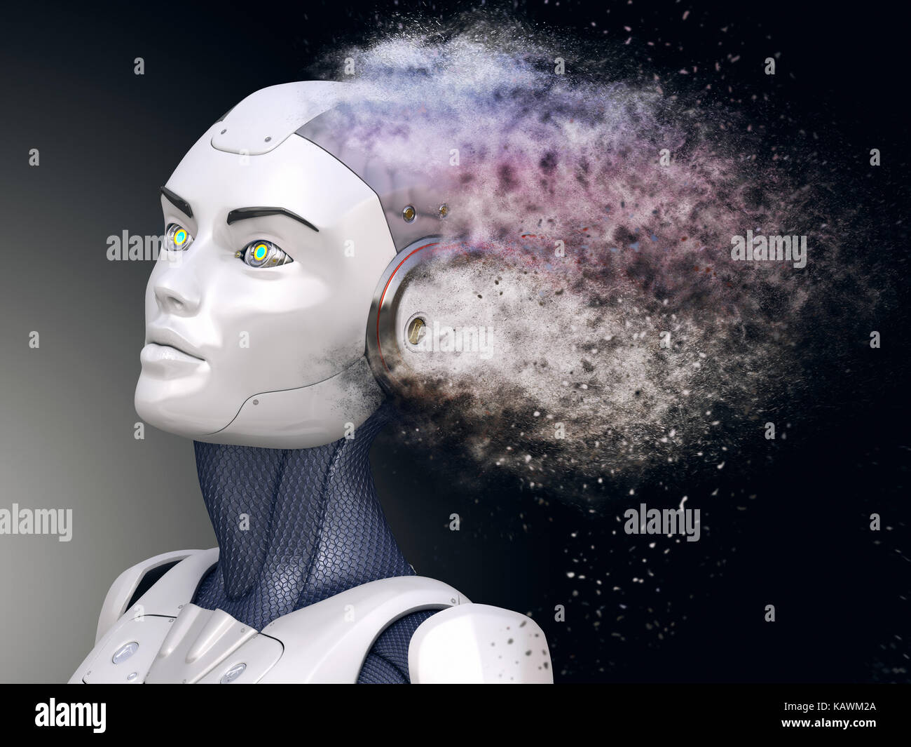 Cyborg with head shattered into dust. 3D illustration Stock Photo