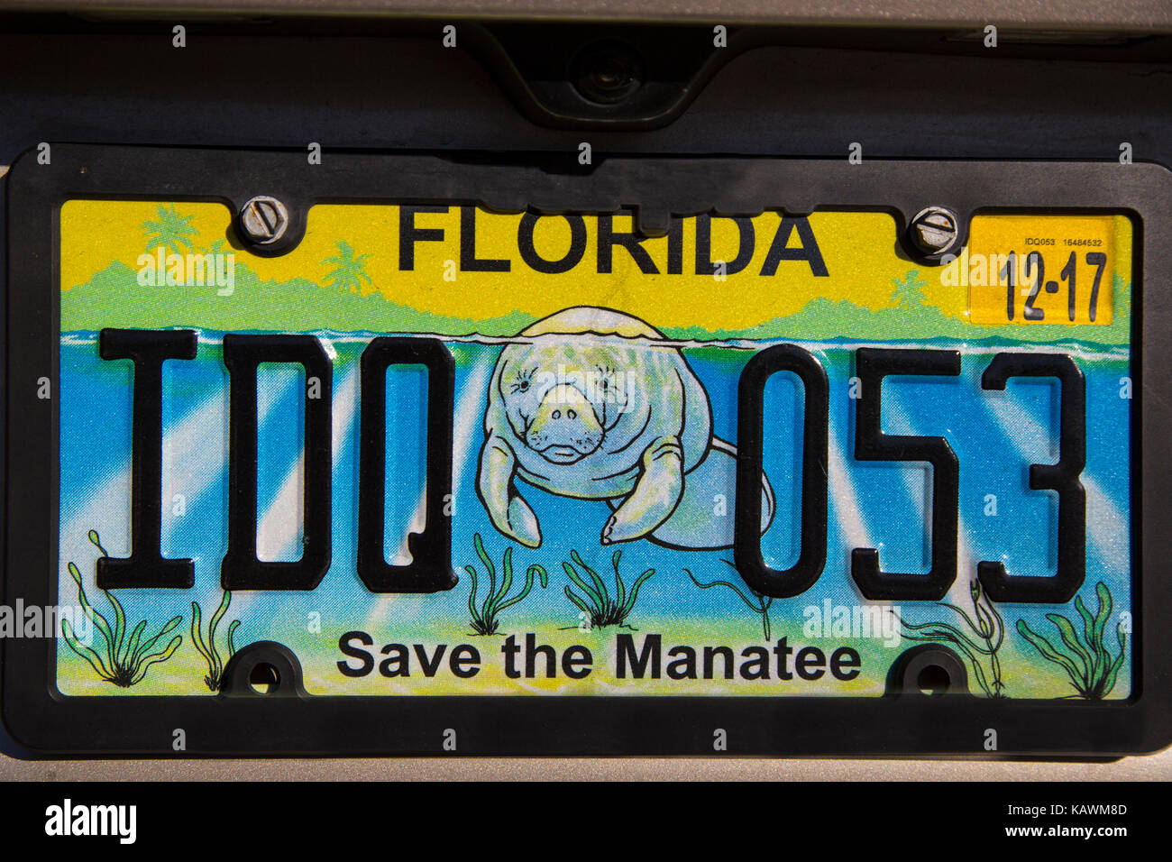 Florida, USA.  Auto License Plate, Save the Manatee.  PR. Stock Photo