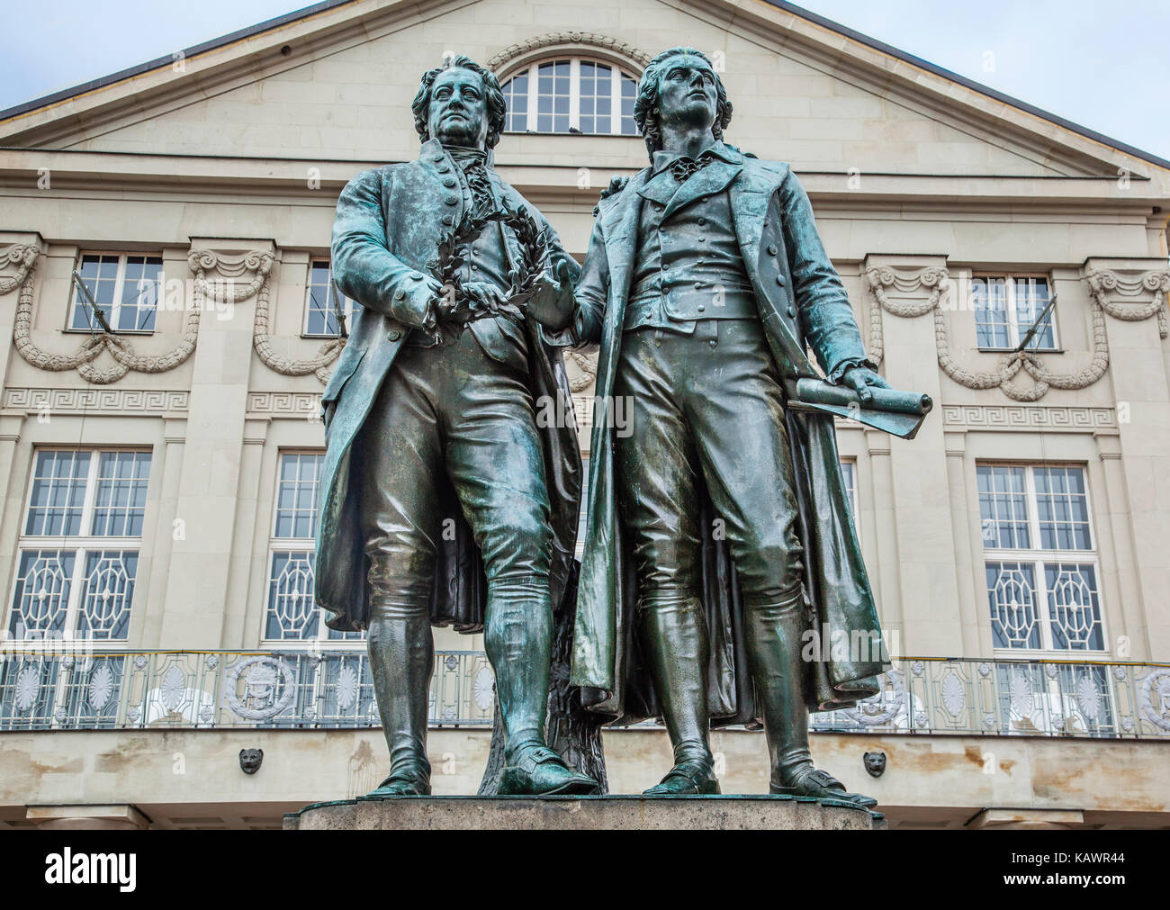 Germany, Thuringia, Weimar, Goethe-Schiller Monument, a bronce double statue of the two most revered figures in German literature by the German sculpt Stock Photo
