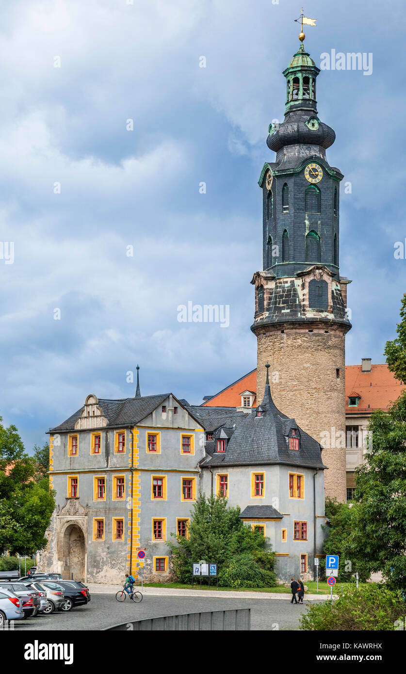Germany, Thuringia, Weimar, Schloss Weimar, the former residence of the dukes of Saxe-Weimar and Eisenach with view of the castle tower and the Bastil Stock Photo