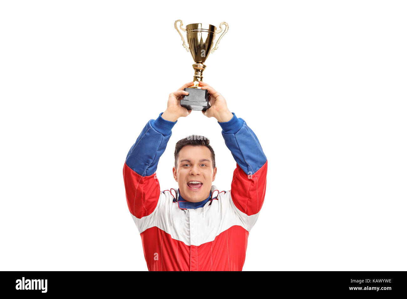 Overjoyed car racing champion holding a gold trophy isolated on white background Stock Photo
