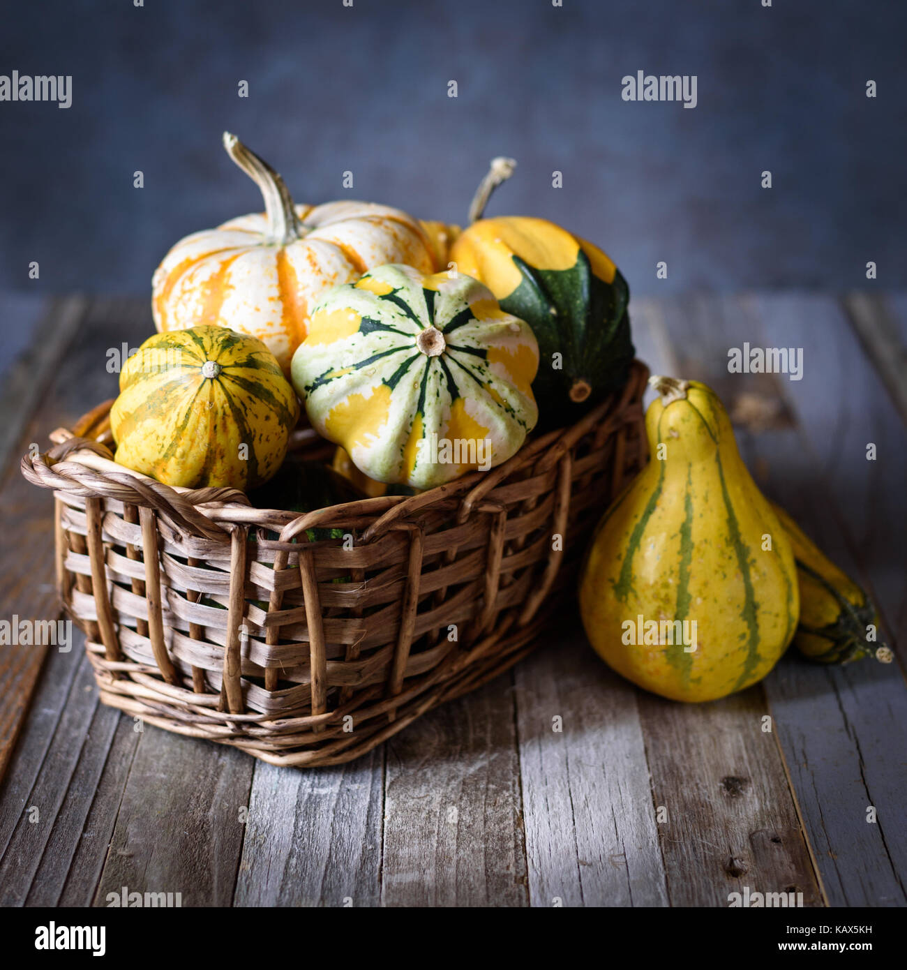 Fall decorative gourds and pumpkins in a basket on natural rustic wooden background Stock Photo