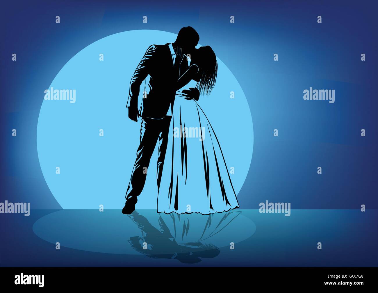 Silhouettes of kissing bride and groom against the background of the ...