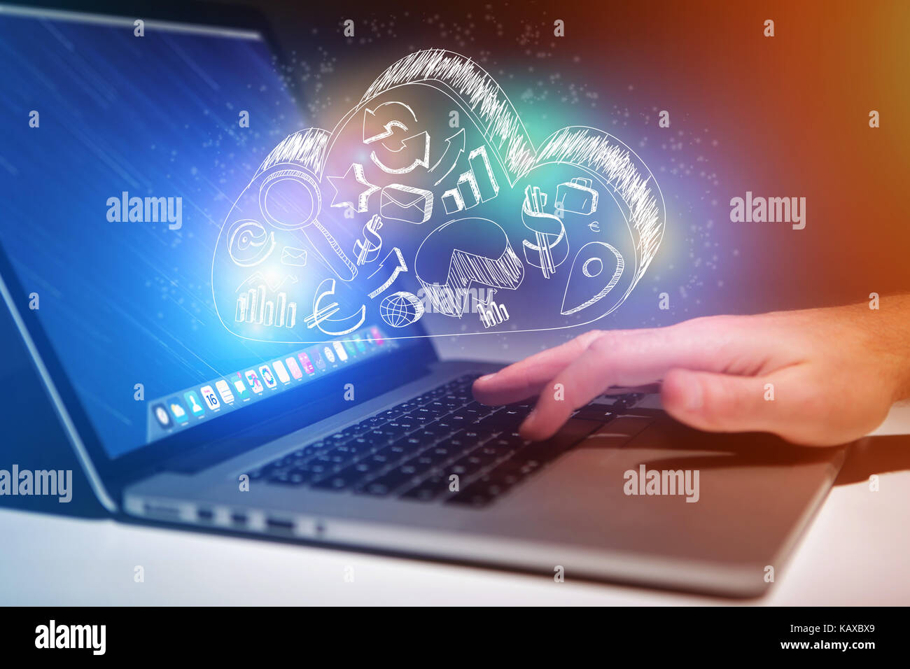 Concept view of cloud storage icon flying out a computer - technology ...