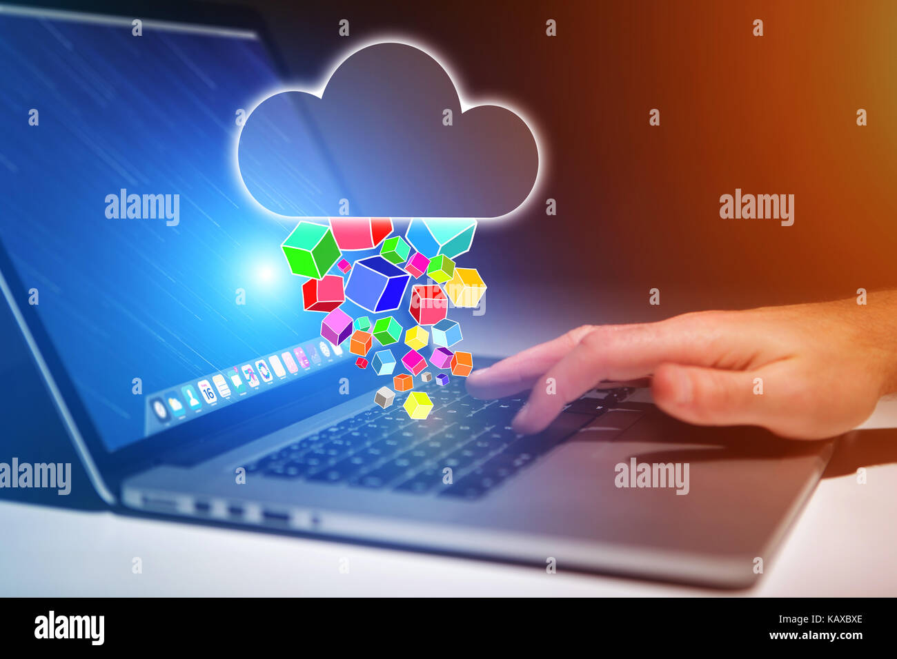Concept view of cloud storage icon flying out a computer - technology ...