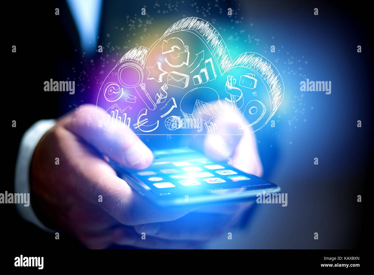 Concept view of cloud storage icon flying out a smartphone - technology ...