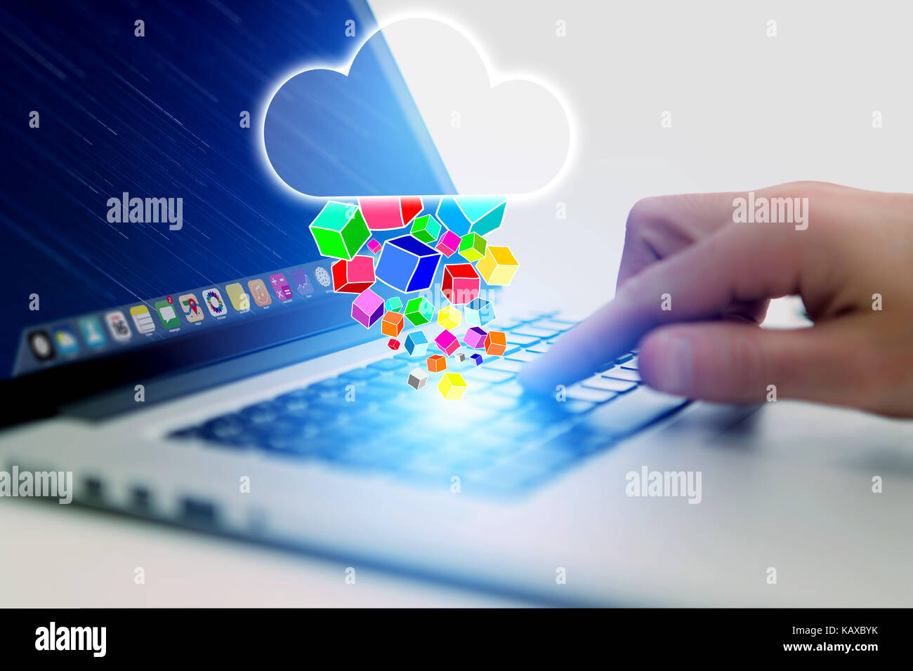 Concept of cloud storage icon flying out a computer - technology ...