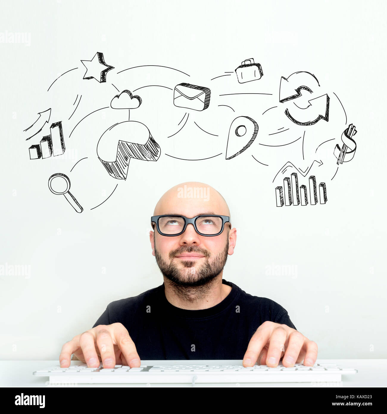 Portrait view of an attractive dubious geek with business icons ...