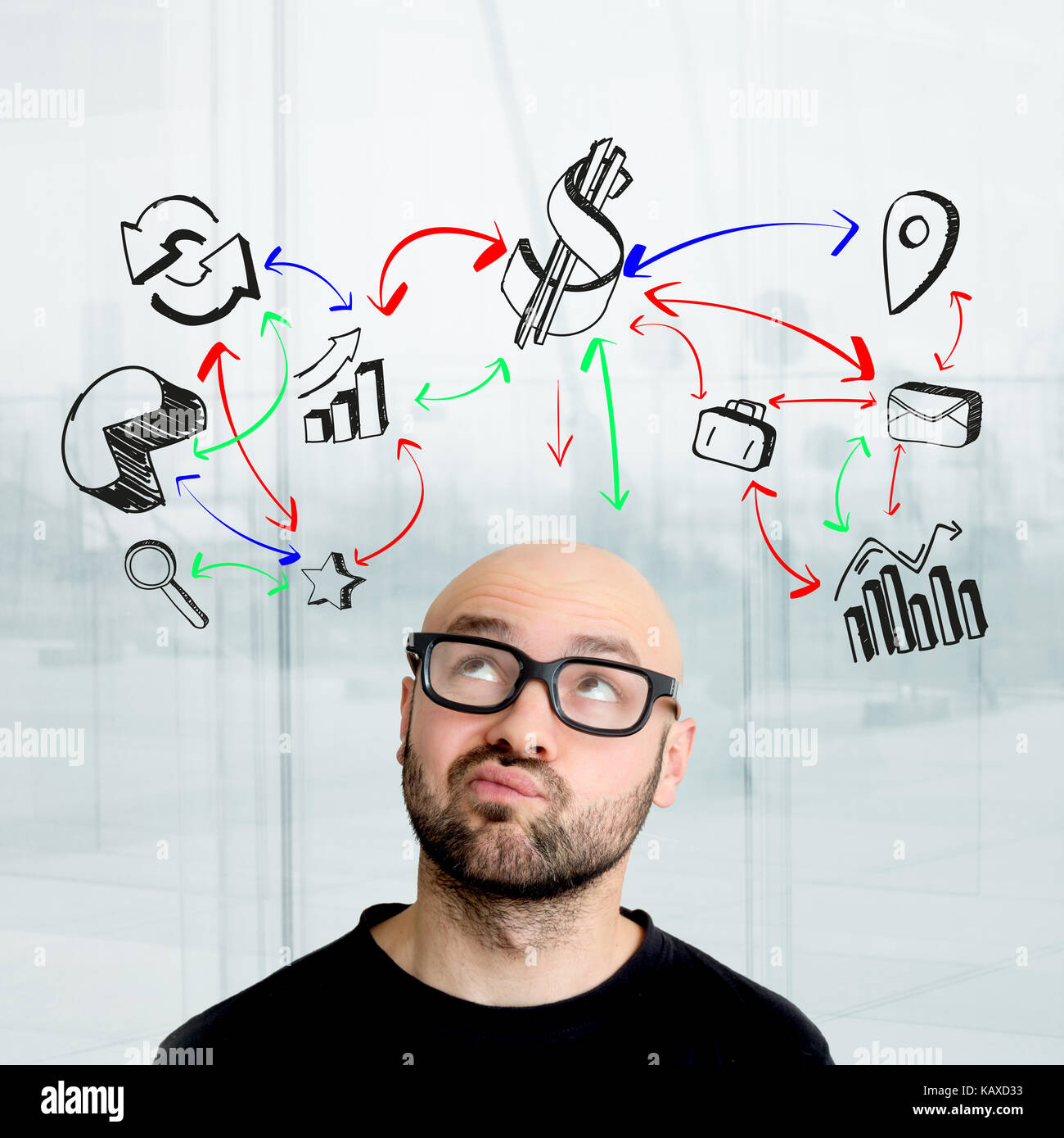 Portrait view of an attractive dubious geek with business icons ...
