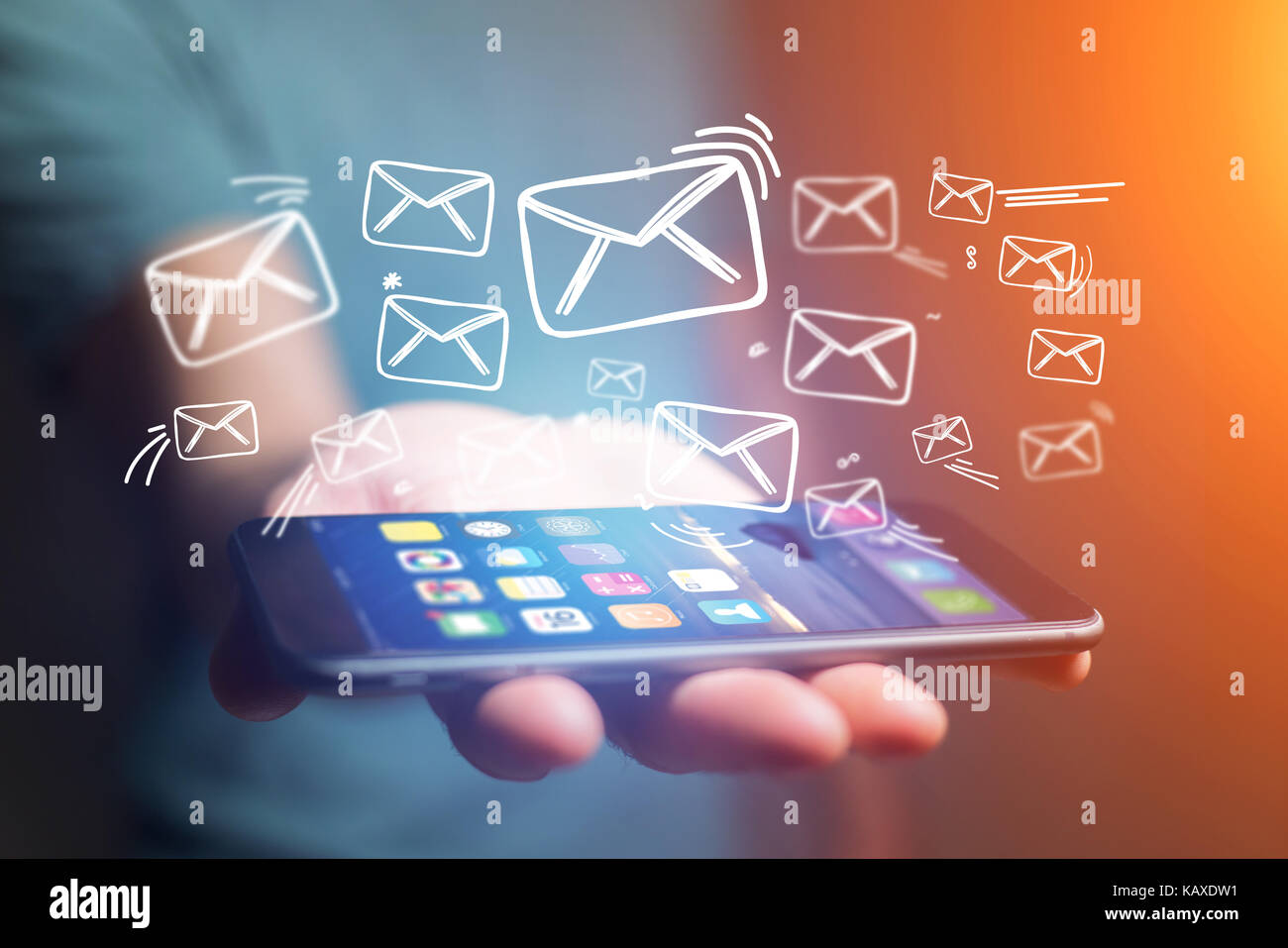 Concept view of sending email on smartphone interface with message icon ...