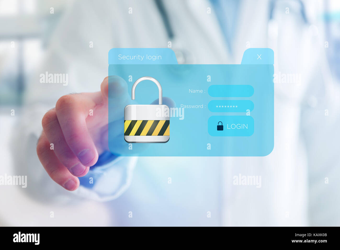 View of a Security login window displayed on a futuristic interface ...