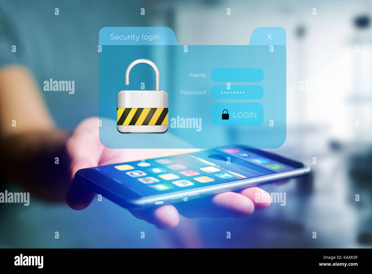 View of a Security login window displayed on a futuristic interface ...