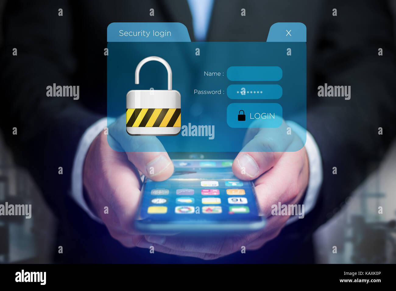 View of a Security login window displayed on a futuristic interface ...
