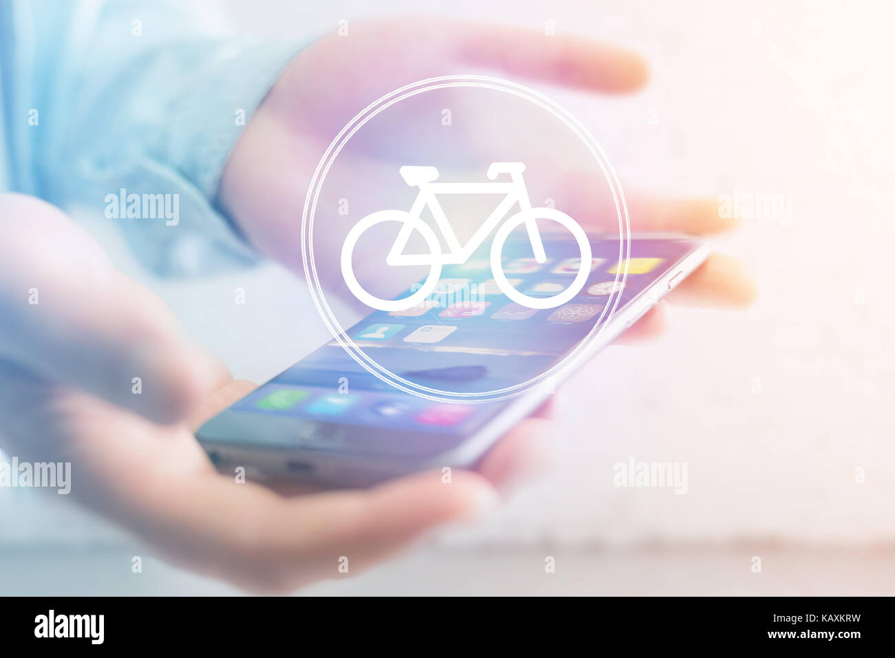 View of a Bicycle icon over device - Sport and technology concept Stock Photo
