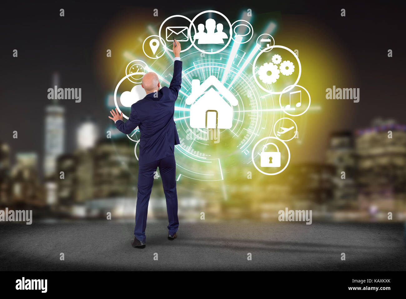 View of a Home button of a technology interface surrounded by application - technology app concept Stock Photo