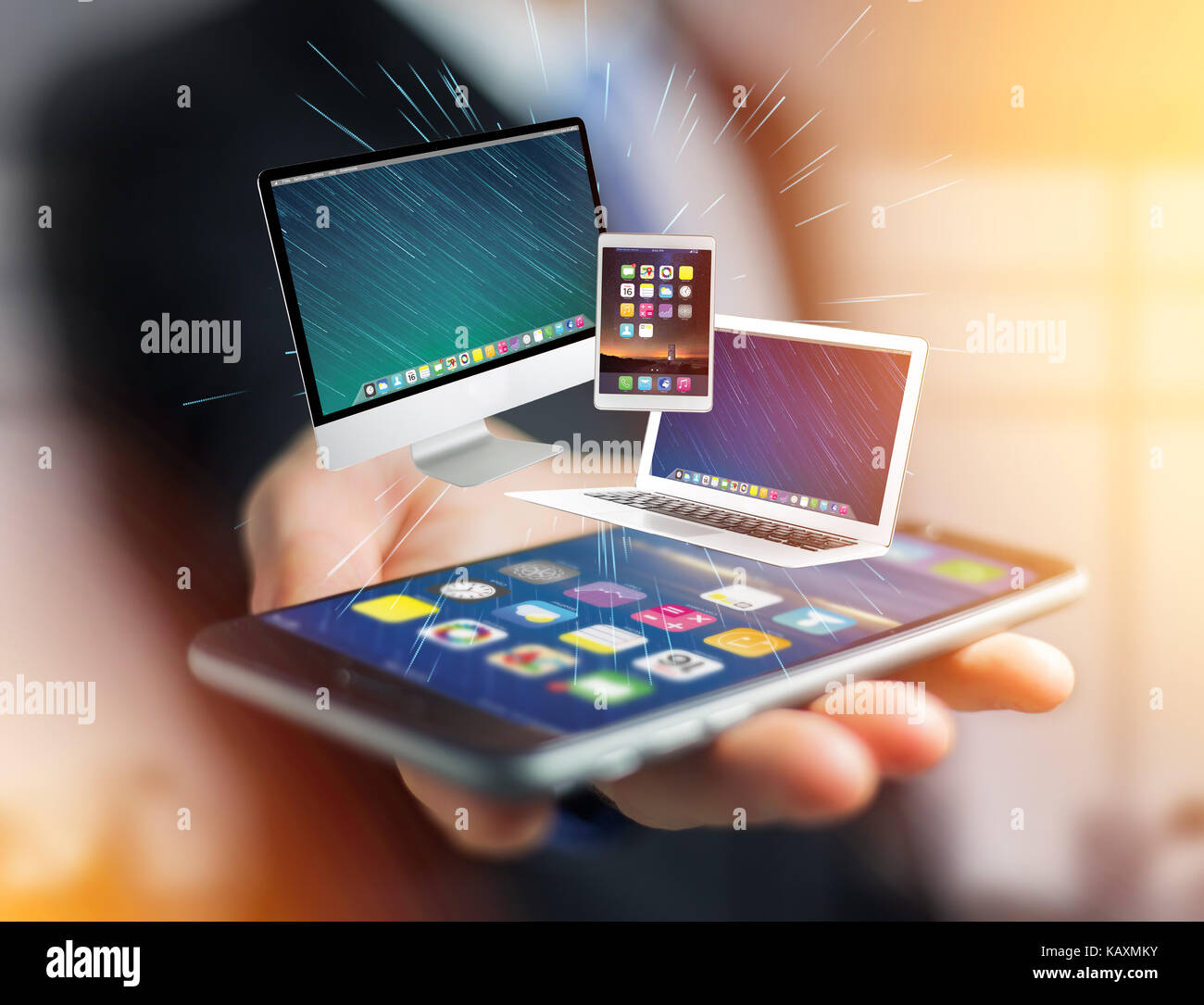 Computer Interface Technology View of a Computer and devices displayed on a futuristic interface with ...