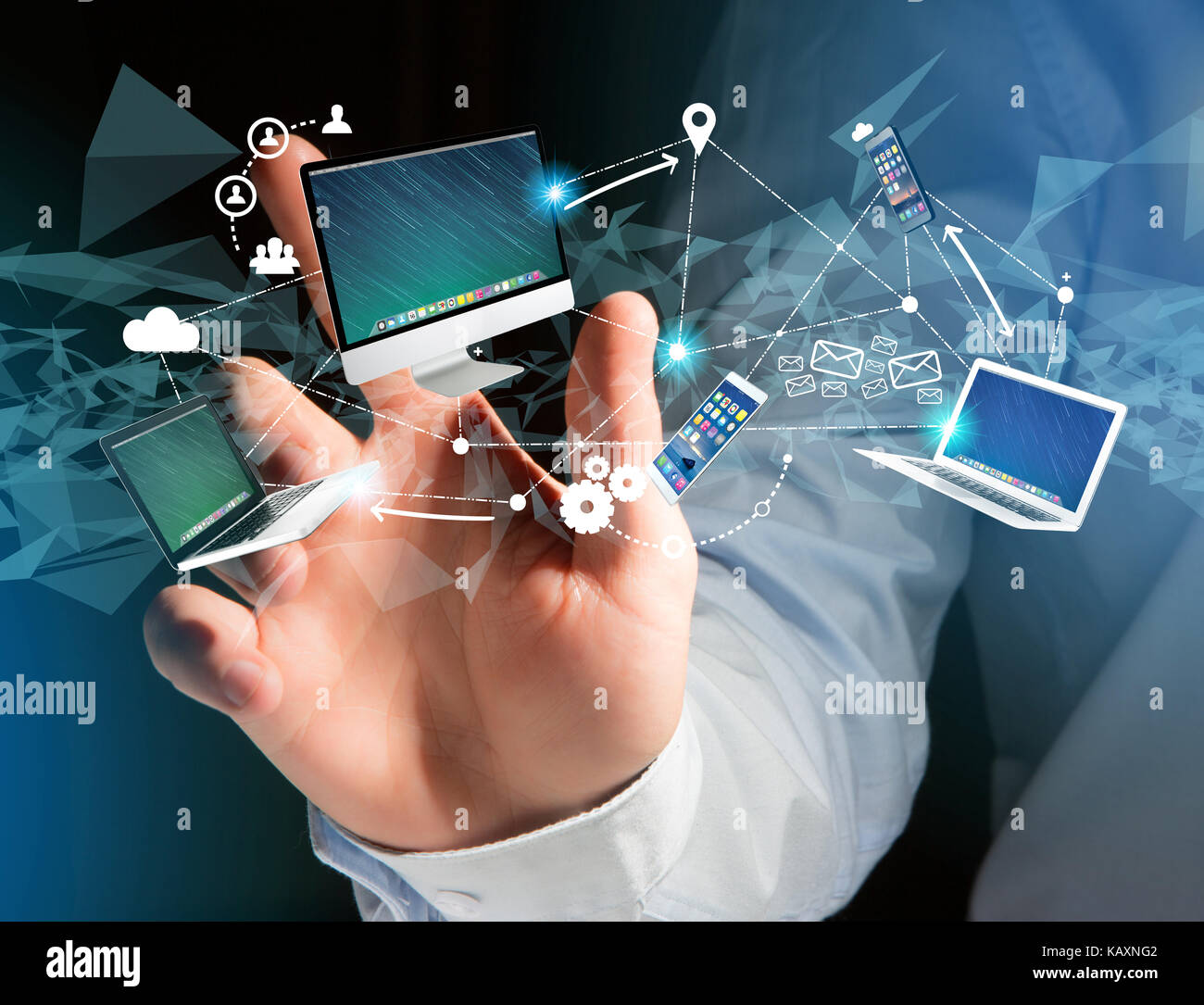 View of a Computer and devices displayed on a futuristic interface with ...