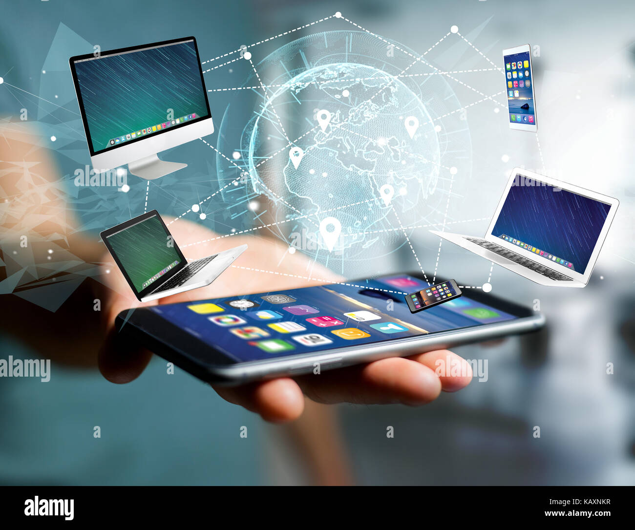 Computer Interface Technology View of a Computer and devices displayed on a futuristic interface with ...
