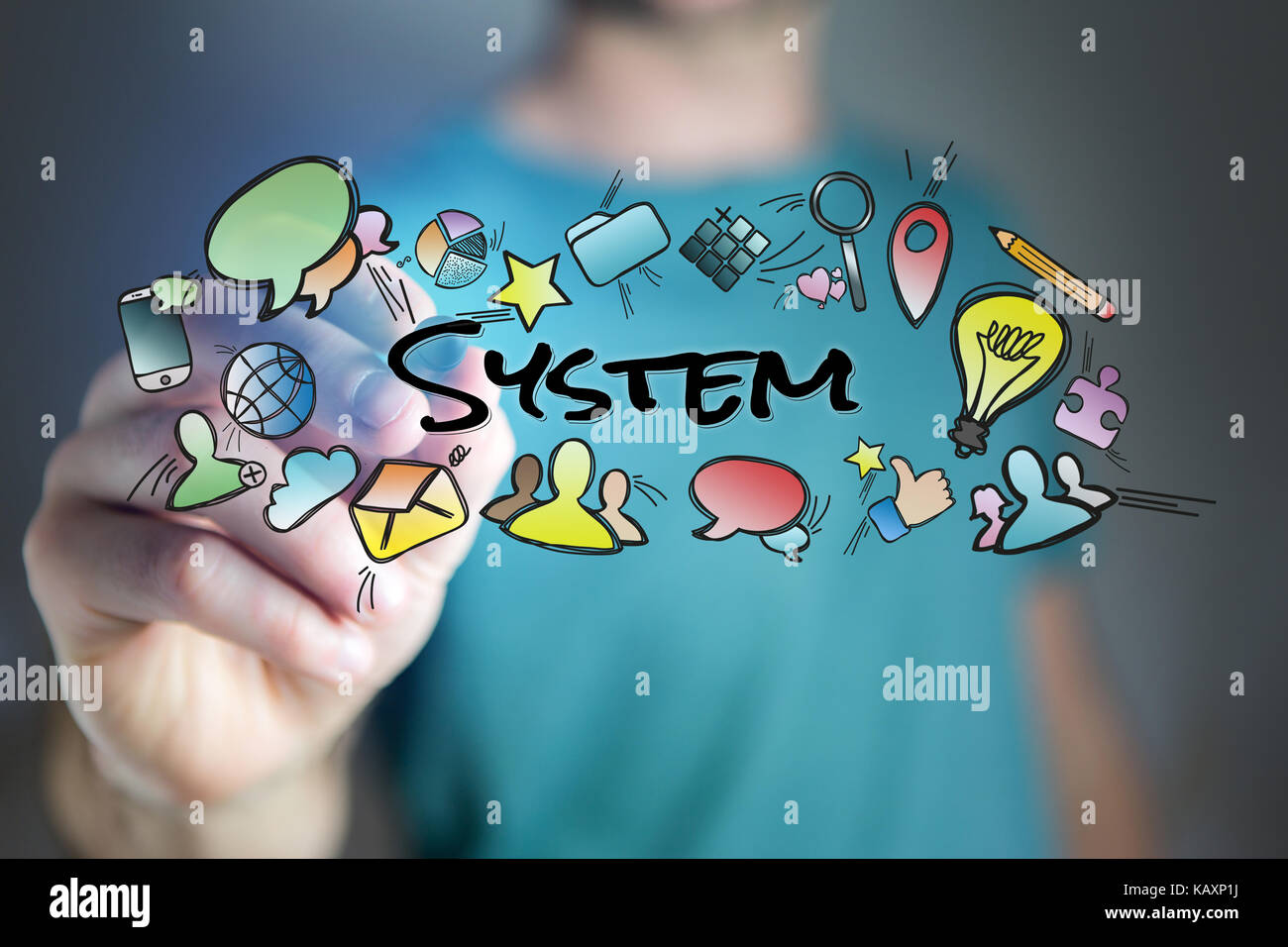 Concept of man drawing system title and multimedia icons flying around