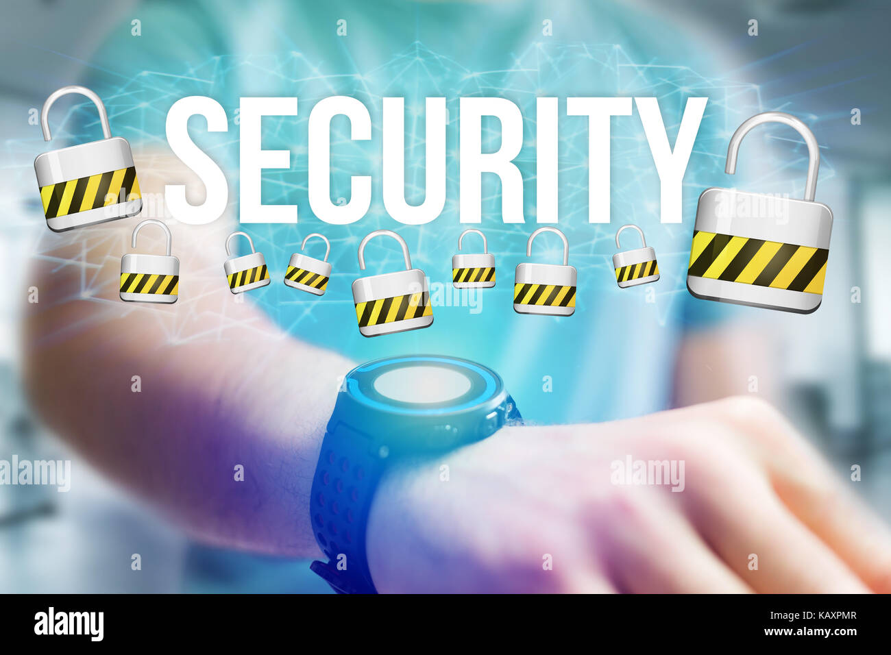 Concept view of man holding interactive interface with security title ...