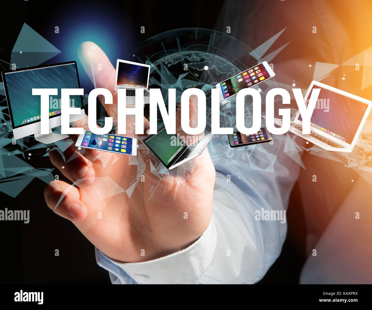 View of a Technology title surounded by device like smartphone, tablet ...