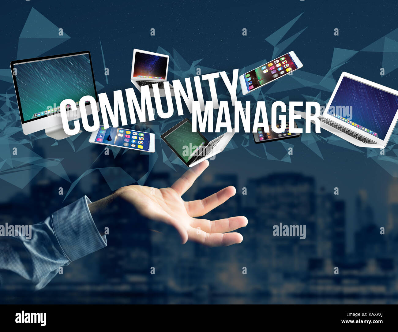 View of a Community manager title surounded by device like smartphone ...