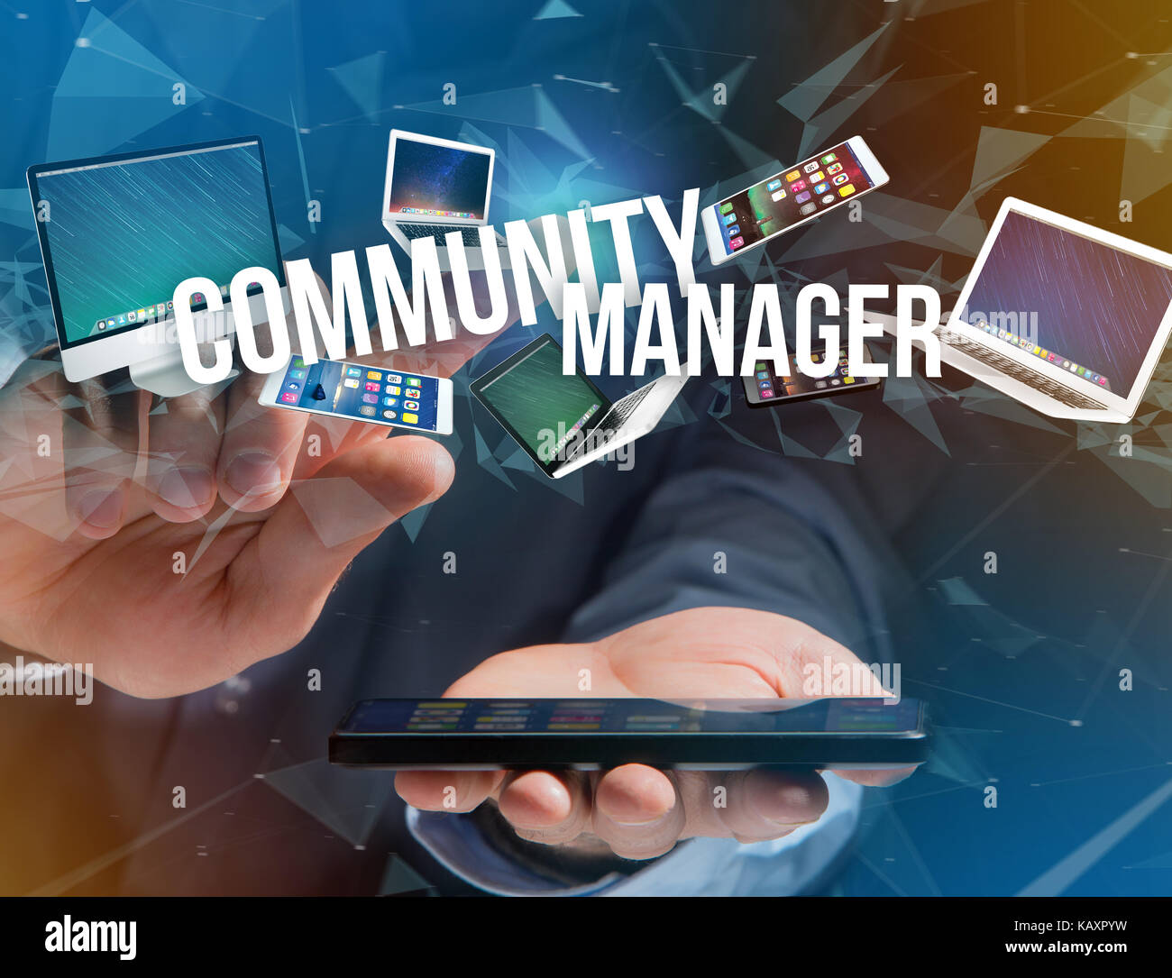 View of a Community manager title surounded by device like smartphone ...