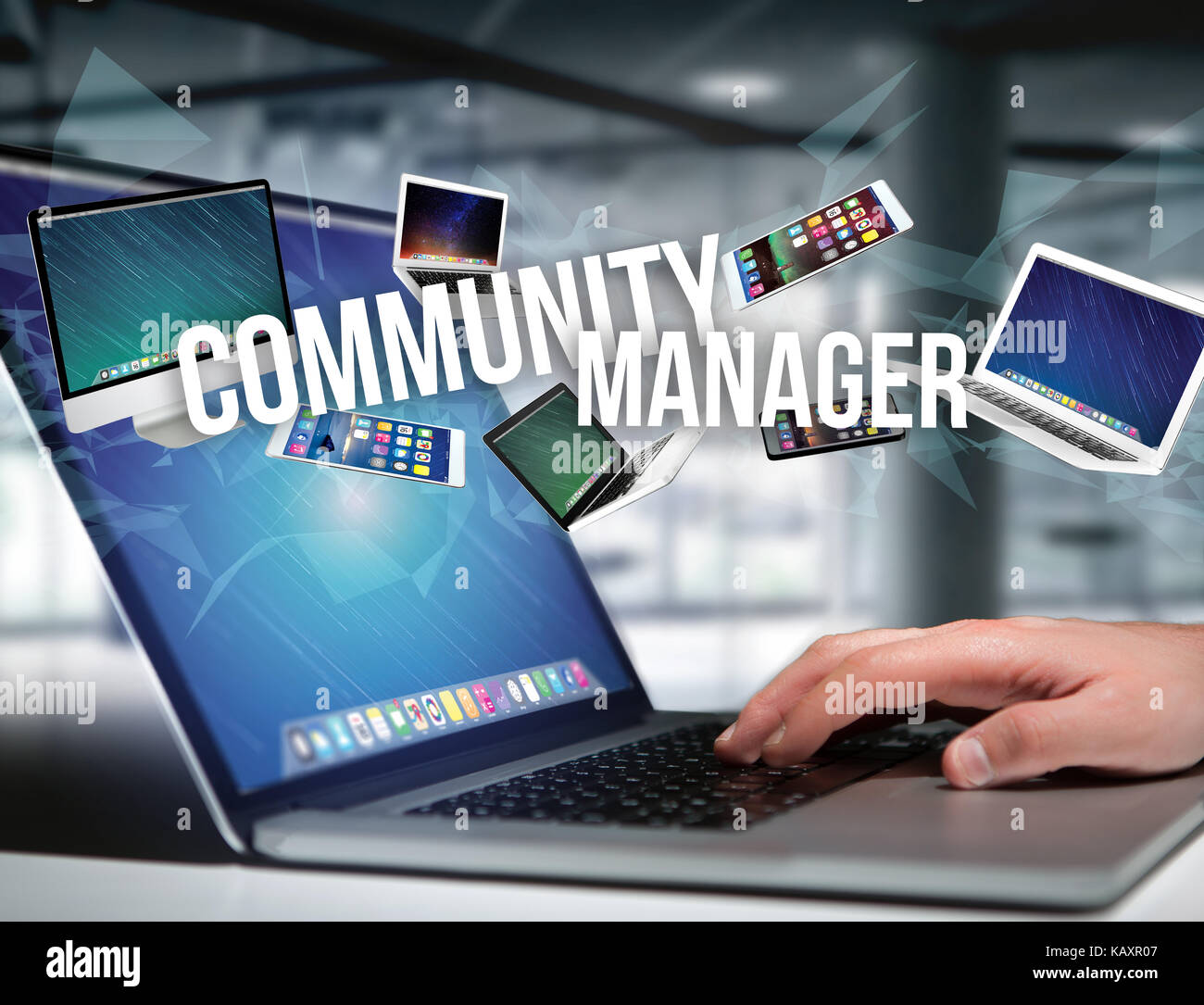 View of a Community manager title surounded by device like smartphone ...