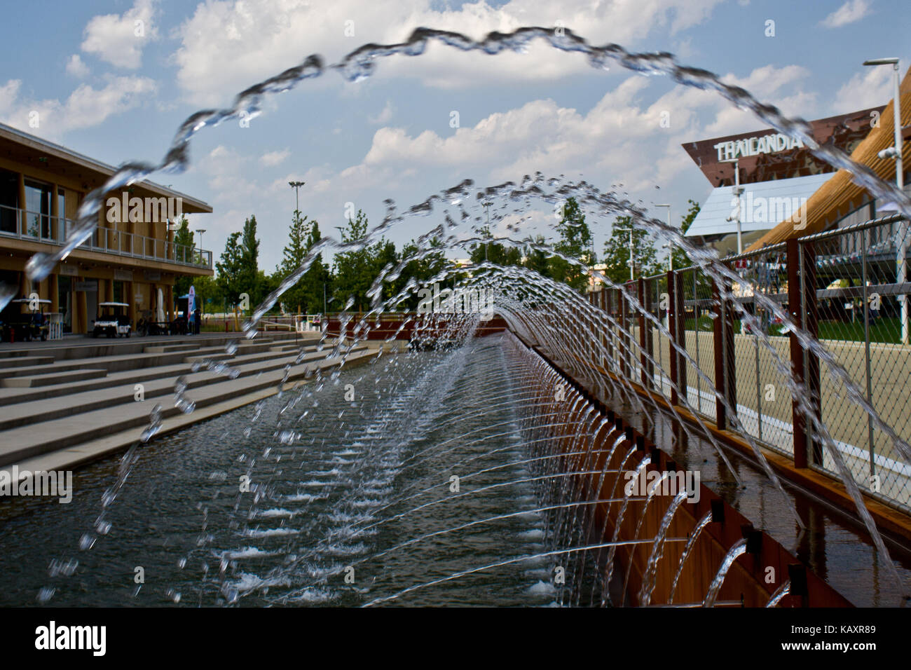 Expo 2015, Milan, Italy. The International Exhibition was crossed and surrounded by water canals and dotted with fountains and water features Stock Photo