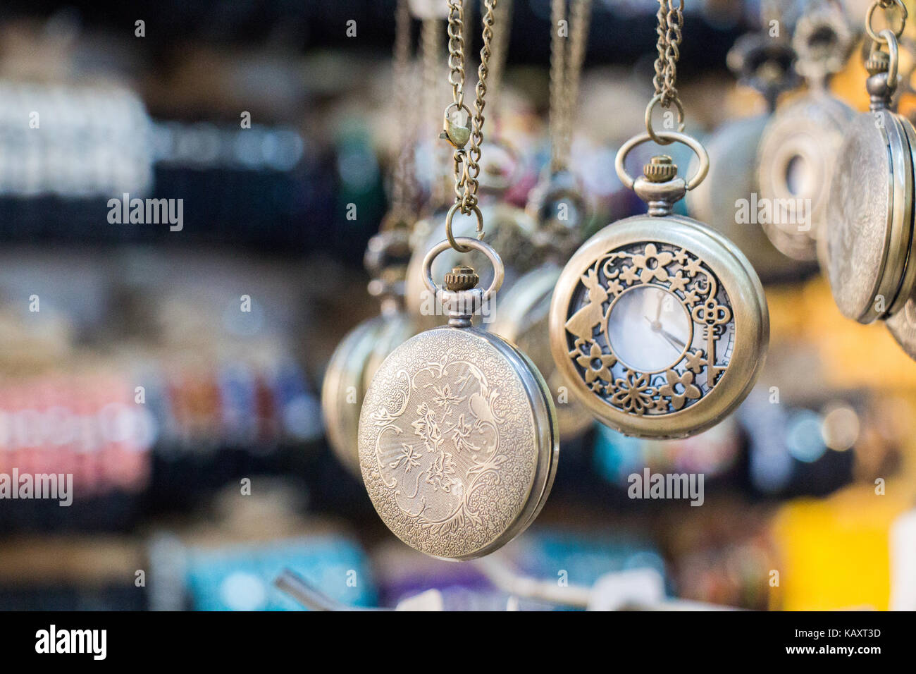 Set of retro styled pocket watches hanging Stock Photo Alamy