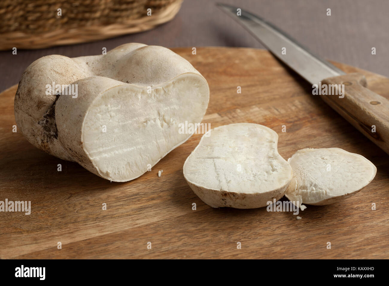 Fresh organic sliced edible bovista mushroom Stock Photo