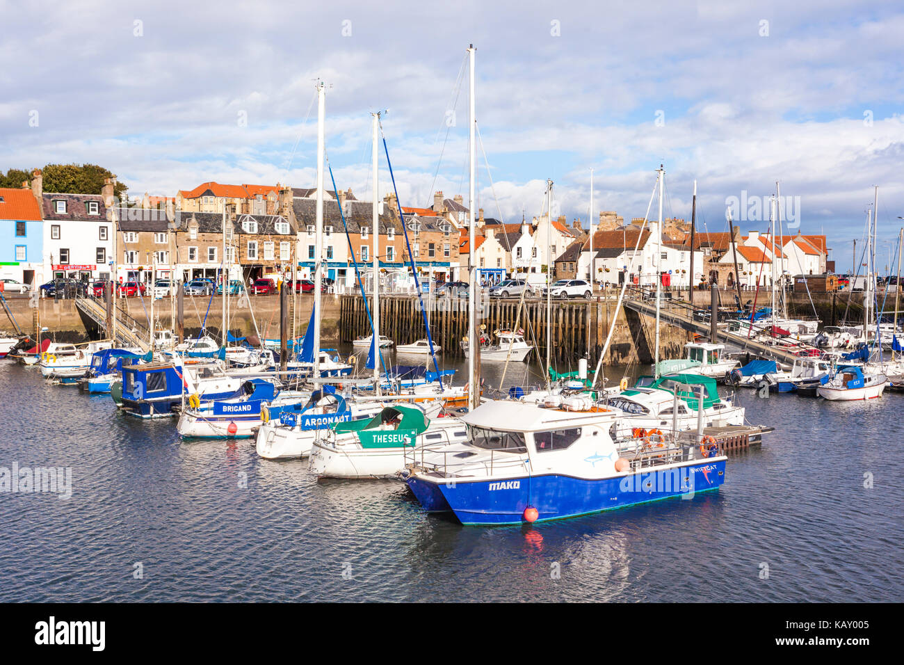 Boats and yachts in the harbour in the fishing village of Anstruther, Fife, Scotland UK Stock Photo