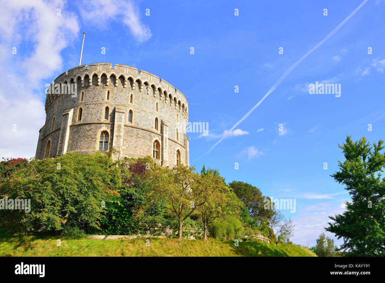 Round Tower and moat garden at Windsor Castle - the Queens Royal weekend residence ,Windsor, Berksire , England Stock Photo
